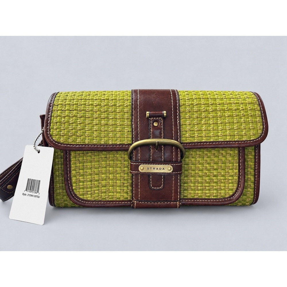 Strada Handbag Womens Medium Green NWT Woven Straw Faux Leather Buckle Bag